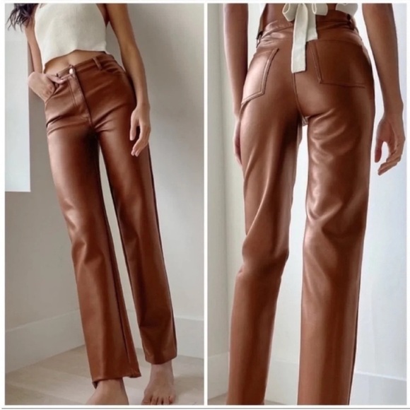 Aritzia Wilfred Melina Vegan Leather Pants Brown Cognac - Picture 1 of 9